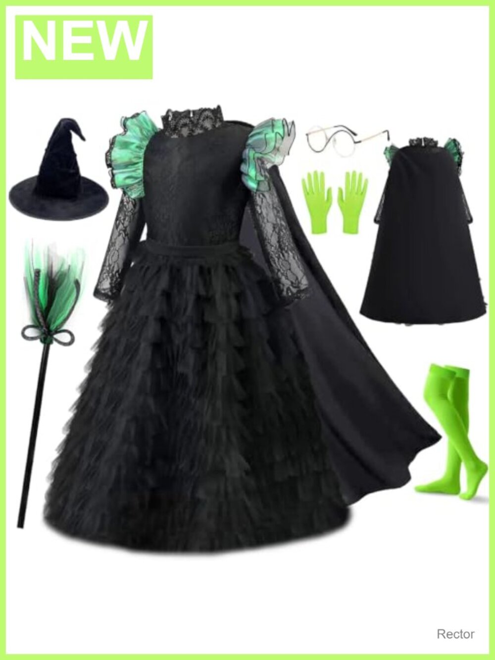 Girls Witch Halloween Costume Set Dress Cape Hat Broom